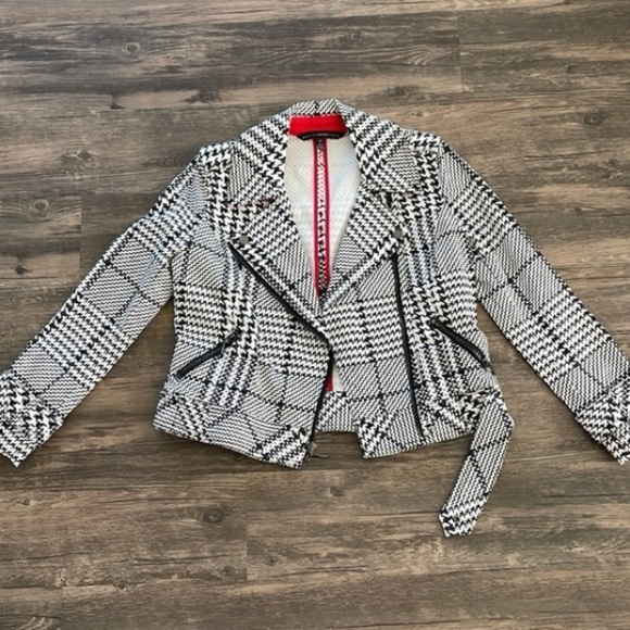 White House Black Market Houndstooth Plaid Moto Zipper Jacket Size 6 - Picture 2 of 6